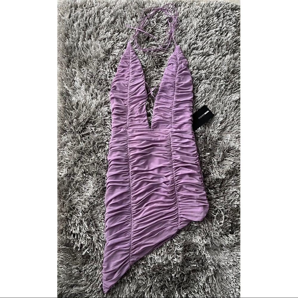 Fashion Nova Lavender Mesh Ruched Backless Dress